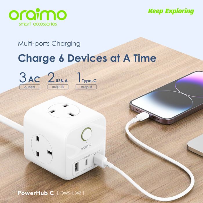 6 en 1 Smart Charge rapide 20W et Multiprise Power Hub C Haute sécurité Petit et portable Cube 3 prises secteur 2 USB-A 1 Type-C