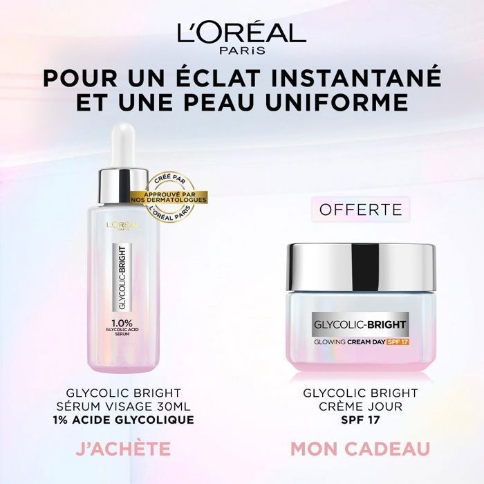 PACK L’ORÉAL PARIS – GLYCOLIC BRIGHT – SÉRUM VISAGE 30ML + CRÈME JOUR SPF17 50ML À BASE D’ACIDE GLYCOLIQUE