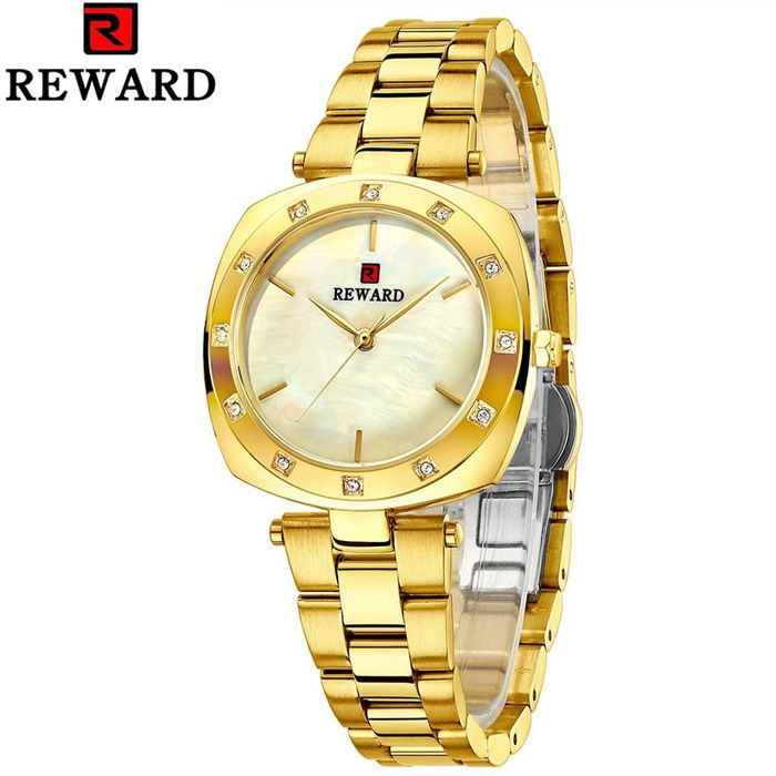 REWARD Montre pour femme de Luxe à Quartz en Or, en verre rigide, étanche 3Atm, cadran en acier luxe japonais en acier inoxydable