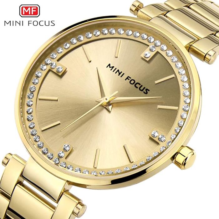Marque de luxe MINI FOCUS Montre femme Analogique à quartz, Bracelet en Acier Inoxydable en or, à la mode Mouvement à quartz Étanche