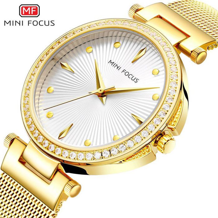 Marque de luxe MINI FOCUS Montre femme Analogique à quartz, Bracelet en Acier Inoxydable en or, à la mode Mouvement à quartz Étanche
