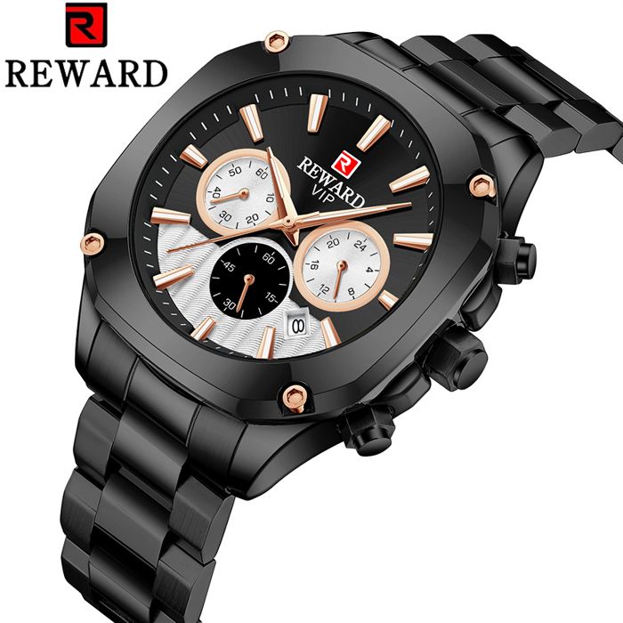REWARD Montre homme bracelet en acier inoxydable chronographe étanche 3Atm, horloge masculine, date automatique,sport de luxe marque