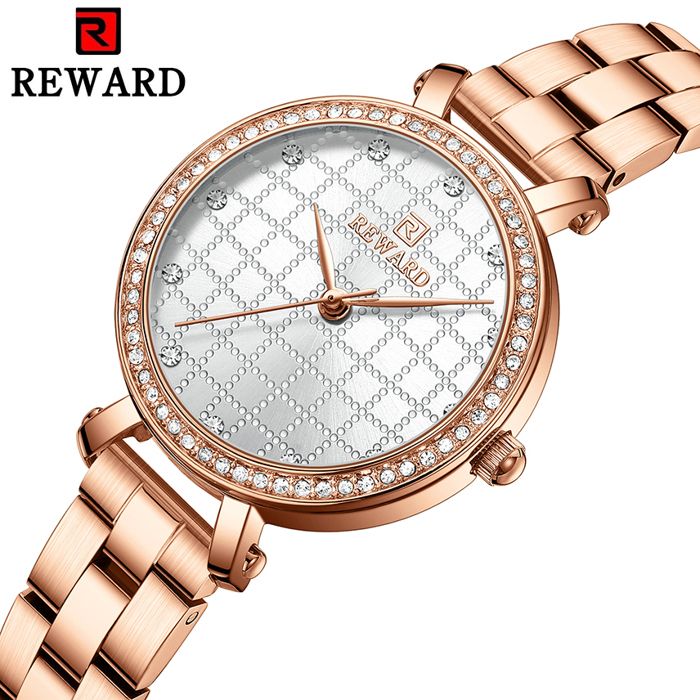 REWARD Montres femme en or rose montre-bracelet mode luxe Simple Bracelet qualité en acier inoxydable étanche à l'eau 3Atm