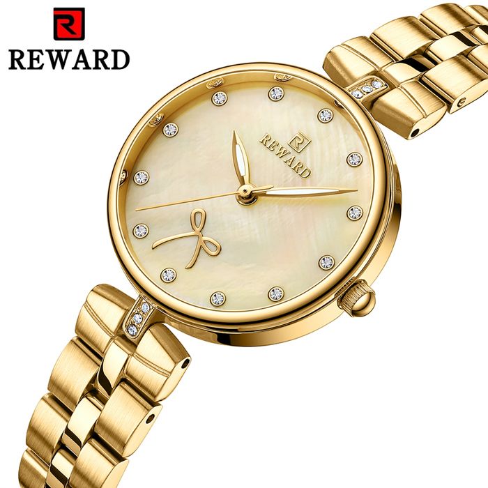 REWARD Montres femmes Quartz de luxe en acier inoxydable étanche 3Atm , montre-bracelet à cadran fin et brillant, cadeau pour femme