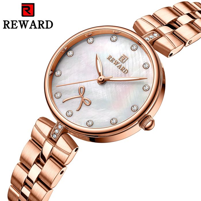 REWARD Montres femmes Quartz de luxe en acier inoxydable étanche 3Atm , montre-bracelet à cadran fin et brillant, cadeau pour femme