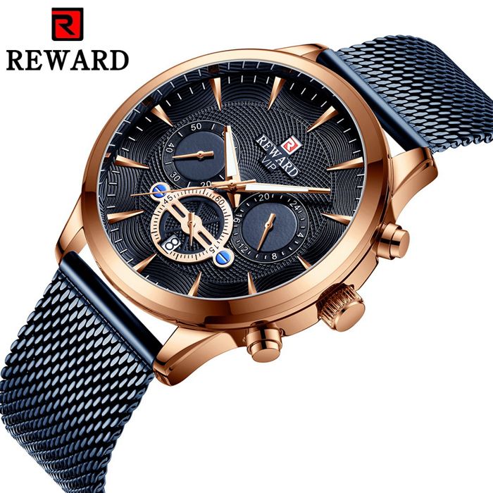 REWARD Montre homme luxe de sport étanche en acier inoxydable étanche l'eau 3ATM/30M chronographe date automatique horloge masculine
