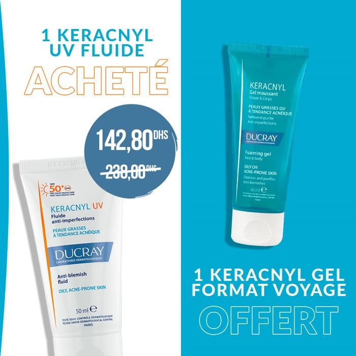1 KERACNYL UV FLUIDE 50 ML = 1 KERACNYL GEL FORMAT VOYAGE 40 ML OFFERT