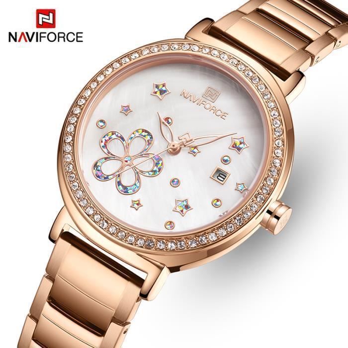 NAVIFORCE - Montre bracelet Quartz pour femme et filles de luxe, étanche 3Atm, bijoux Rose acier cristal dames calendrier, à la mode