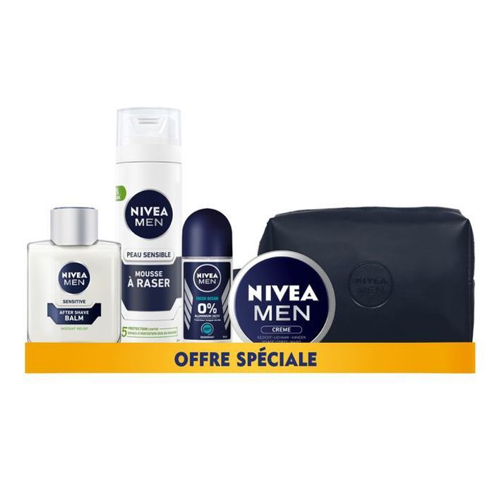 NIVEA MEN Mousse à raser - Sensitive - 200ml + Baume après rasage Sensitive + Roll on Fresh Ocean + Creme Nivea Me + Trousse Offerte