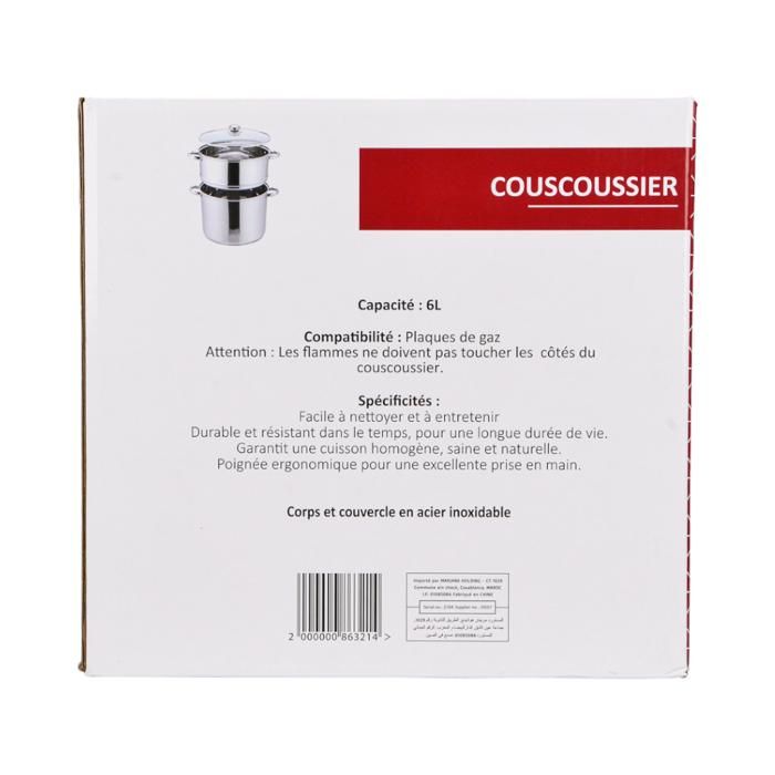 COUSCOUSSIER EN ACIER INOXYDABLE AVEC UN COUVERCLE EN VERRE - 6 L