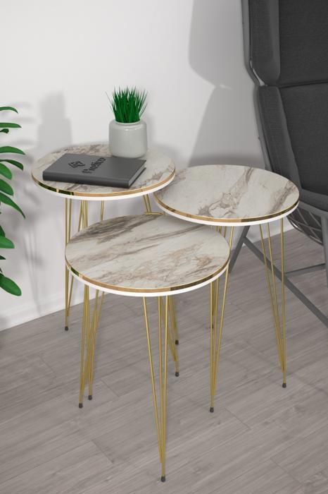 TABLE GIGOGNE RONDE SET DE 3 35X35X54 MARBRE BLANC PIEDS DORE METAL