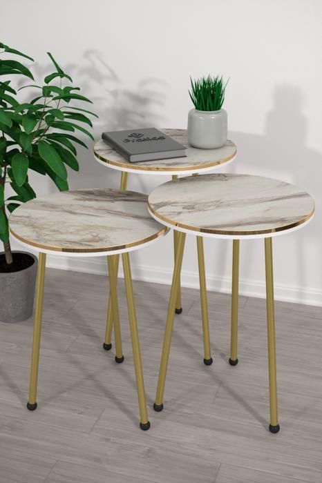 TABLE GIGOGNE RONDE SET 3 35X35X54 MARBRE BLANC PIED DORE METAL TUBE