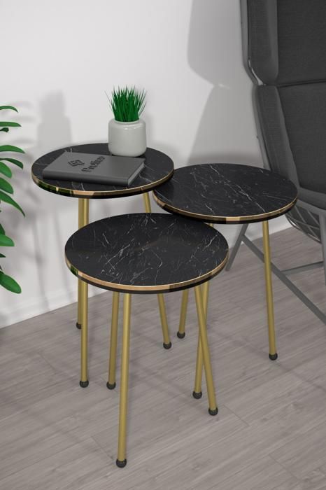 TABLE GIGOGNE RONDE SET DE 3  35X35X54 MARBRE NOIR BAND & PIED DORE
