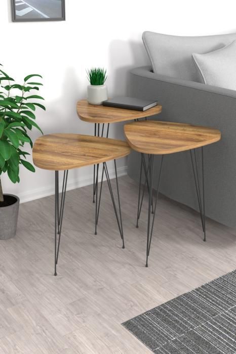 TABLE GIGOGNE TRIANGULAIRE SET DE 3 38X38X54 BOIS PIN PIED NOIR METAL