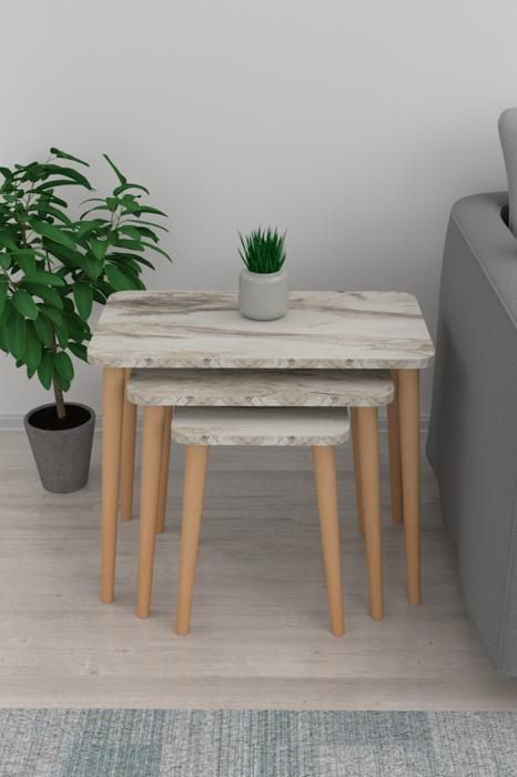 TABLE GIGOGNE RECTANGUL. SET DE 3 58.5X32X53 MARBRE BLANC PIED BOIS