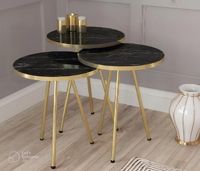 TABLE GIGOGNE RONDE SET DE 3 35X35X54 MARBRE NOIR PIED DORE
