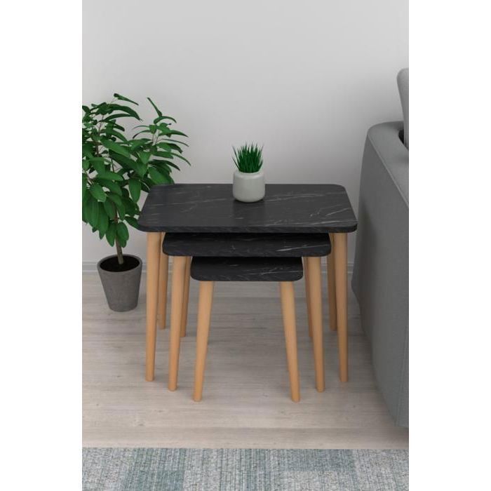 TABLE GIGOGNE RECTANGULAIRE SET DE 3 58.5X32X53 MARBRE NOIR PIED BOIS