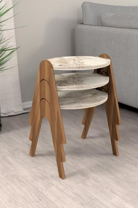 TABLE GIGOGNE RONDE SET DE 3 40X30X40 MARBRE BLANC