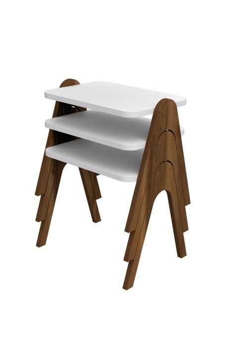 TABLE GIGOGNE RECTANGUL. SET DE 3 30X40X40 BOIS NOYER/ BLANC PIED BOI