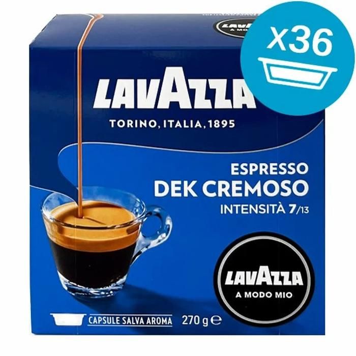 36 CAPSULES DE CAFÉ ESPRESSO DEK CREMOSO. LAVAZZA A MODO MIO - HAUTE QUALITE - 100% ITALIEN.