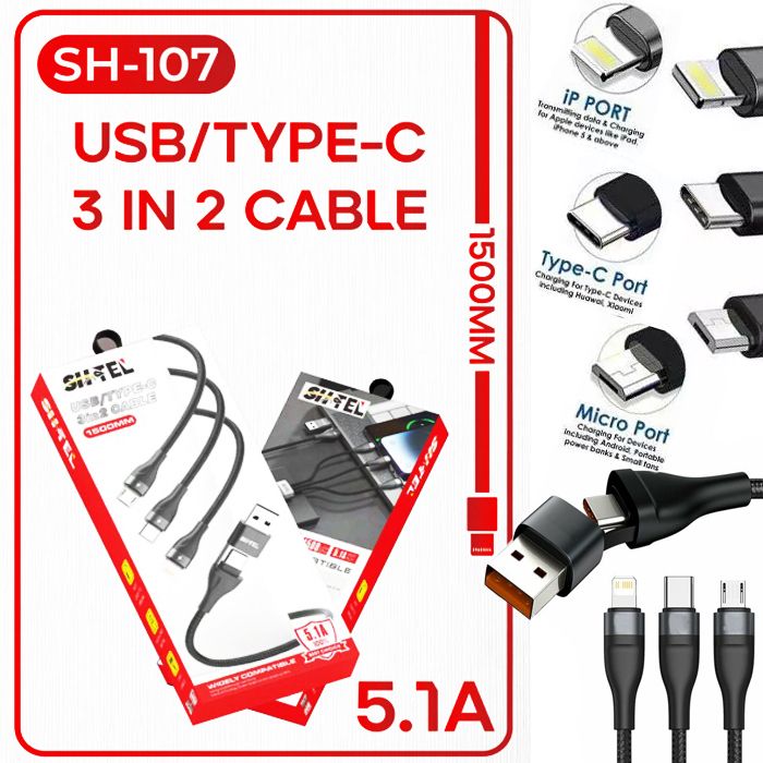 3 en 2 USB cable de charge rapide 5.1A 1.5cm Micro/Type-C/A compatible avec tout Smartphone Samsung Xiaomi Huawei OPPO Realme iPhone