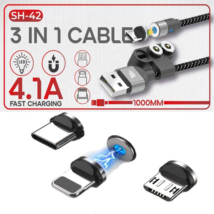 3 en 1 Cable de charge magnétique puissant 4.1A avec câble Lightning LED de 1M compatible avec tous les types de mobiles Smartphone