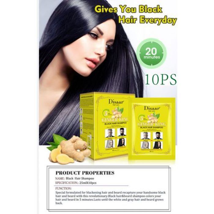 Shampoing colorant aux gingembre naturelle de teinte Noir , Coloration naturelle rapide à 20 minutes, 10 Pcs/25ml.