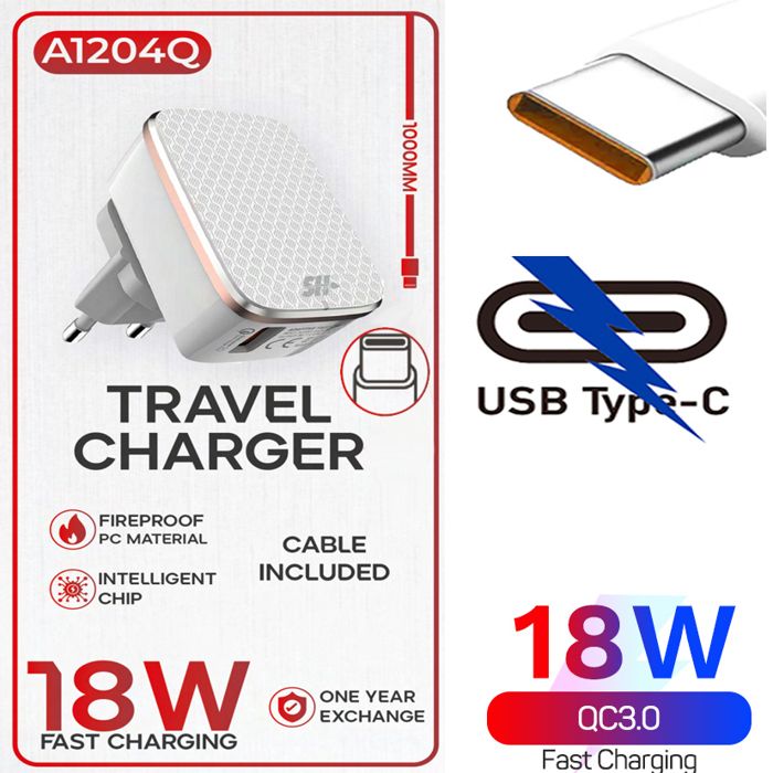 Chargeur de voyage à charge rapide 18 W avec 1 port USB + cable 1 type V8 compatible avec Samsung Xiaomi Huawei One Plus OPPO Realme