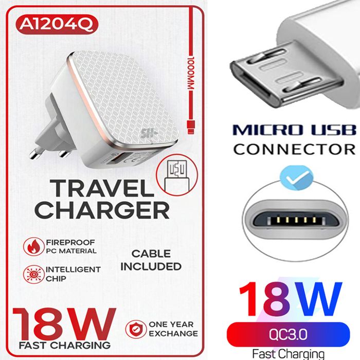 Chargeur de voyage à charge rapide 18 W avec 1 port USB + cable 1 type V8 compatible avec Samsung Xiaomi Huawei One Plus OPPO Realme