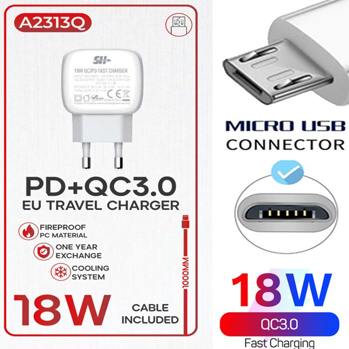 Chargeur à charge rapide 12W avec 2 port USB + cable 1 type MICRO V8 compatible avec tout Samsung Xiaomi Huawei One+ OPPO Realme