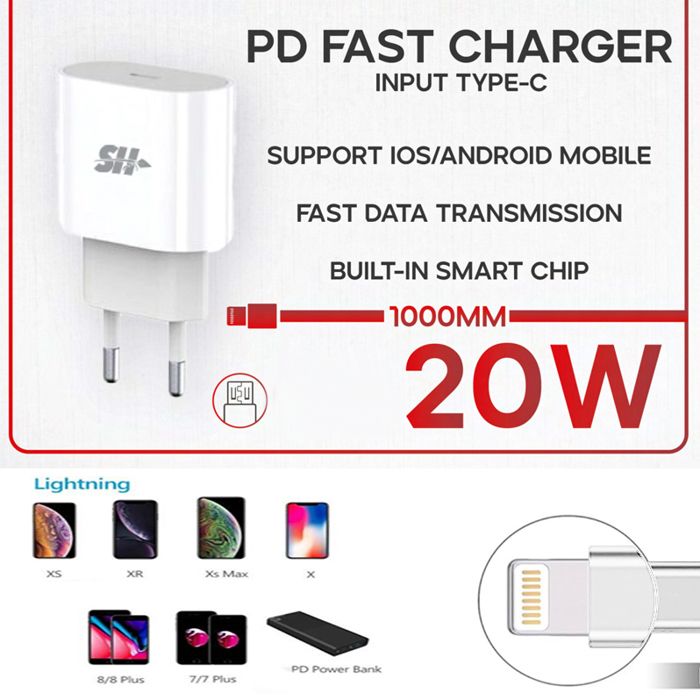 Chargeur à charge rapide 20W avec 1 port-USB TYPE C + cable 1 USB IOS LIGHTNING contactor compatible avec tout Smartphone IPhone