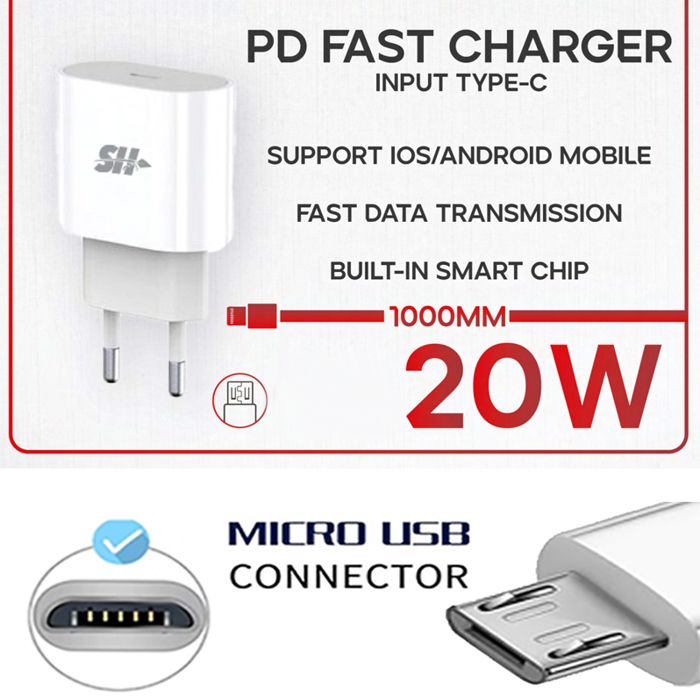 Chargeur à charge rapide 20W avec 1 port-USB TYPE C + cable 1 USB V8 MICRO contactor compatible avec tout Smartphone Samsung Xiaomi