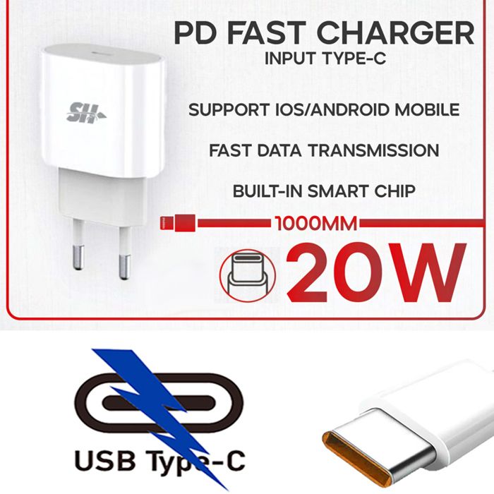 Chargeur à charge rapide 20W avec 1 port-USB TYPE C + cable 1 USB TYPE-C Pour tout Samsung Xiaomi Huawei One+ OPPO Realme Iphone 15
