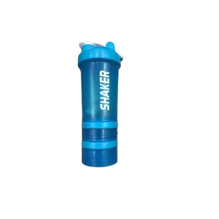 Bouteille shaker protéinée avec rangement en trois parties bleu