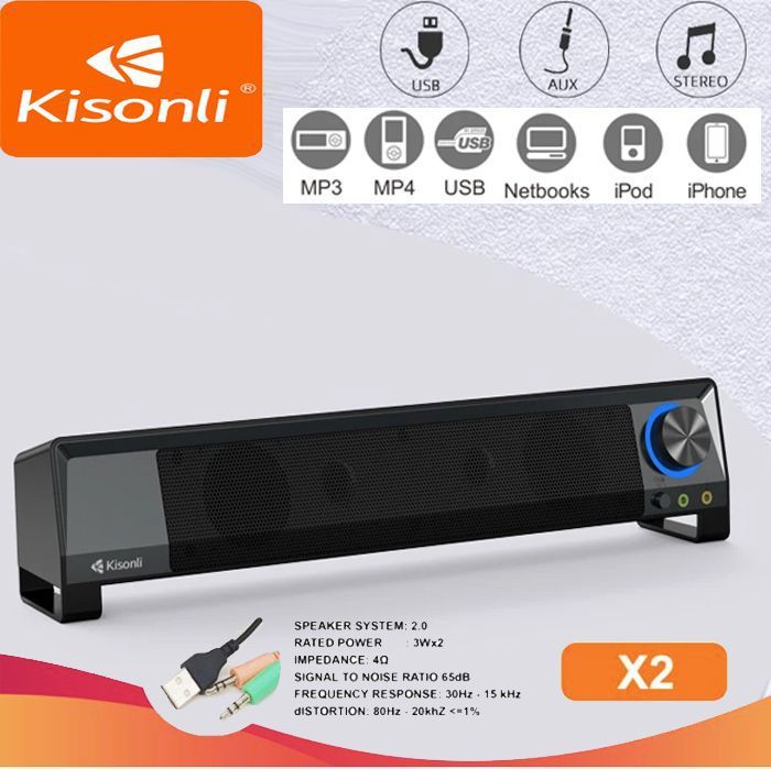 Barre de son ordinateur PC,TV LED haut-parleur intègre 2 ports auxiliaires pour microphone et écouteur gaming Stéréo Bass Speakers