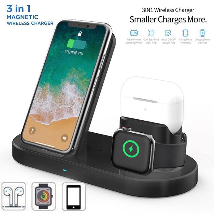 3 en 1 Chargeur sans fil Wireless Charger téléphones compatibles Qi avec iPhone, Apple Watch AirPods Smartphone intelligents Android