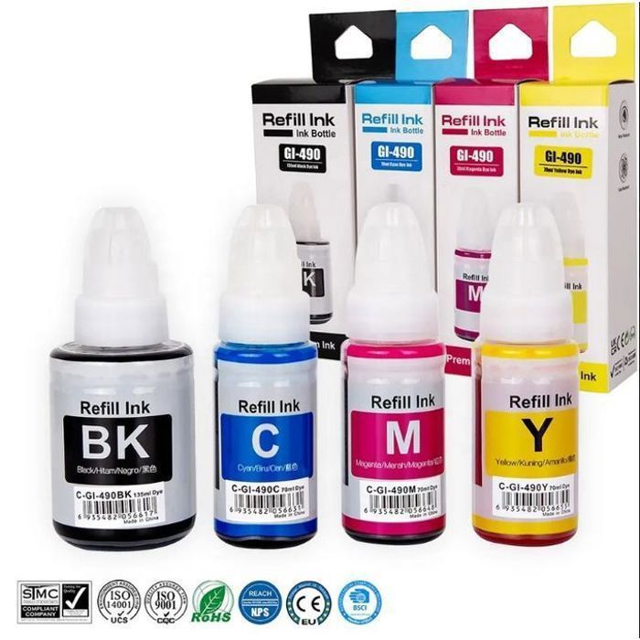 Pack Bouteilles d'encre adaptable GI-490 pour les imprimantes à rèservoires PIXMA