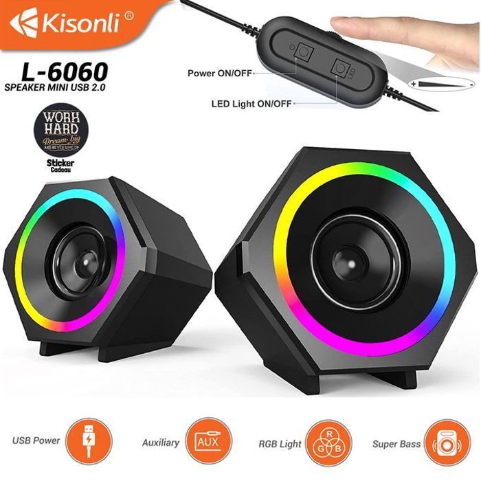 ENCEINTE haut parleur filaires avec lumières RVB stéréo auxiliaire pour HOME CINÉMA Lecteur Audio Téléphone Portable ORDINATEUR