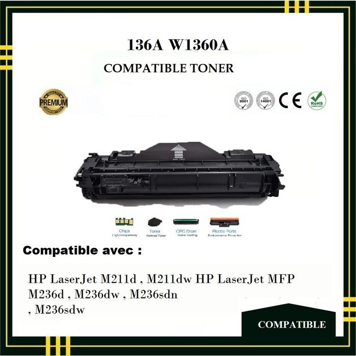 Toner Compatible - HP - 136A W1360A - Noir -  - 1000 pages