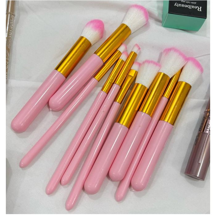 10 Pinceaux Maquillages Kit Professionnel avec Pochette rose