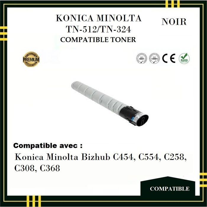 Toner Compatible  KONICA MINOLTA TN512 TN324 pour Bizhub C454, C454e, C554, C554e, C258 , C308 , C368 TN 512 ,TN 324- Noir