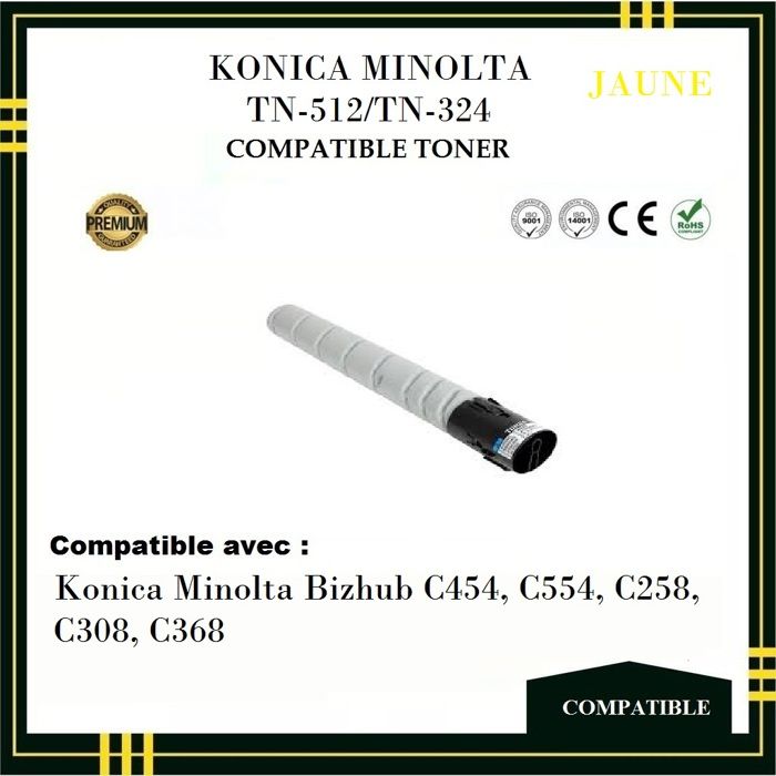 Toner Compatible  KONICA MINOLTA TN512 TN324 pour Bizhub C454, C454e, C554, C554e, C258 , C308 , C368 TN 512 ,TN 324- Jaune