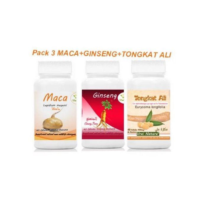 Vrai nature Pack 3Tongkate Ali Maca + Ginseng force vitalité tonus 400 mg,120 capsules