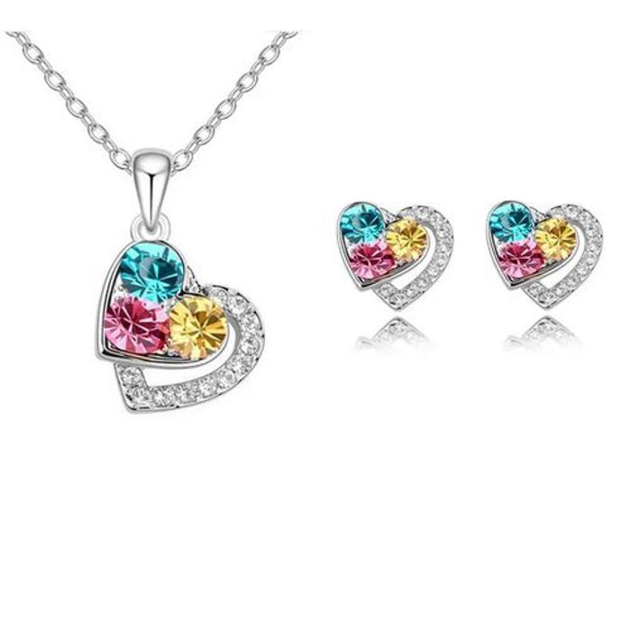 Parure de bijoux - Collier et boucles d'oreilles - Métal rhodié - Tricolore - Inoxydable
