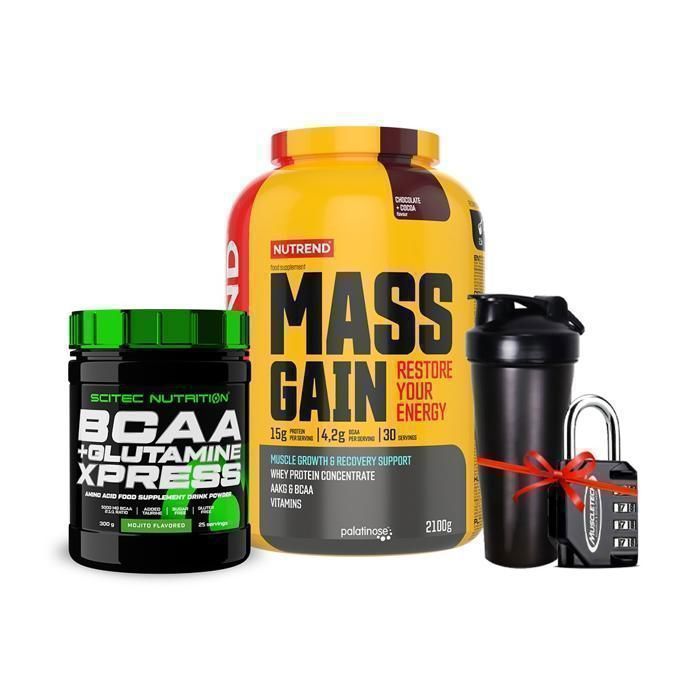 NUTREND - Mass Gain 2,100kg  -+ Bcaa+Glutamine xpress 300g + Shaker - Cadenas Gratuit (Arome aleatoire)