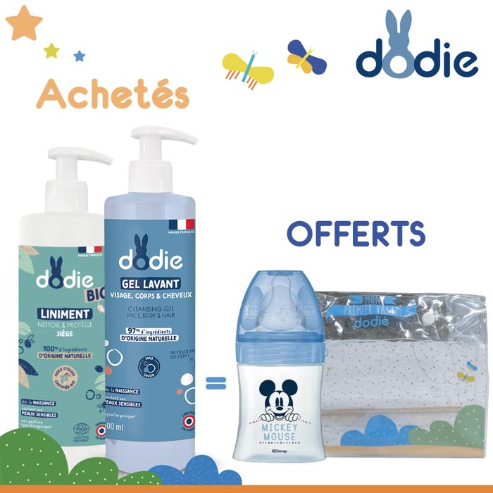 A l'achat d'un liniment Bio DODIE 400 ml + un gel lavant DODIE 500 ml = biberon 150ml (mickey ou minnie) Offert + trousse vanity