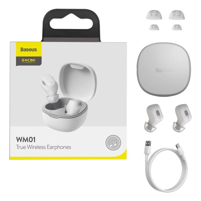Baseus Encok WM01 TWS Écouteurs intra-auriculaires sans fil Bluetooth 5.3 Version améliorée blanche compatible smartphones iPhone