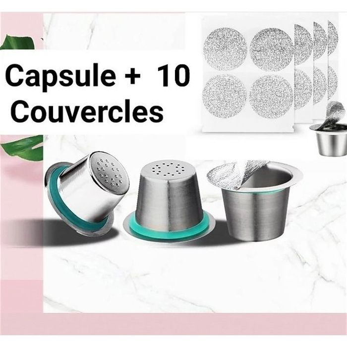 Capsule rechargeable café en acier inoxydable compatible Nespresso + 10 couvercles en aluminum