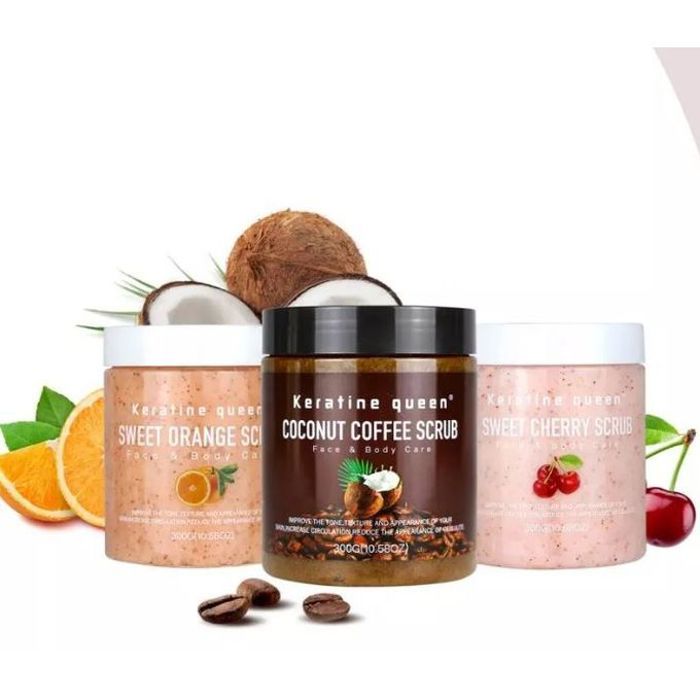 keratine queen Pack de 3 gommage naturel coco café, orange, cerise, exfoliant, hydratant, nettoyage en profondeur