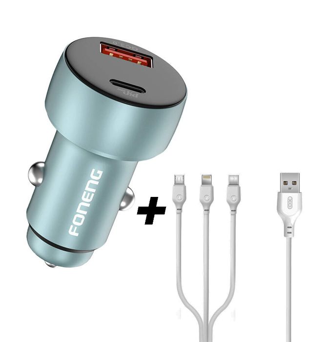 CHARGEUR TELEPHONE FONENG pour voiture automobile C18  2-PORT USB 3.0 + TYPE C CAR CHARGER (48W) affichage LED